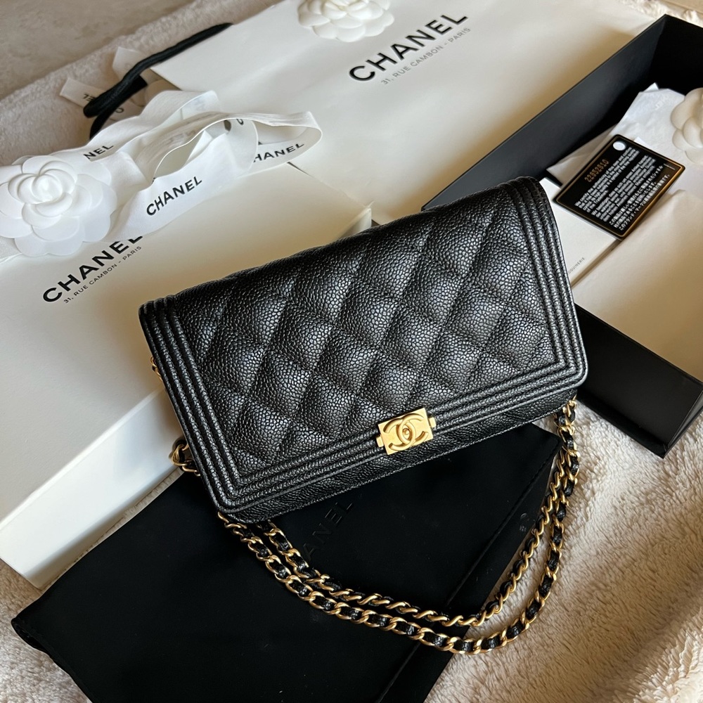 Chanel Black Caviar Quilted Boy Wallet On Chain